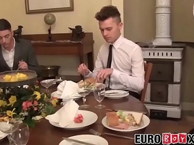 Twink waiter sucks and rides dick after the dinner service